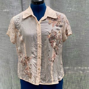 J.Jill sheer embroidered floral shirt sleeve blouse